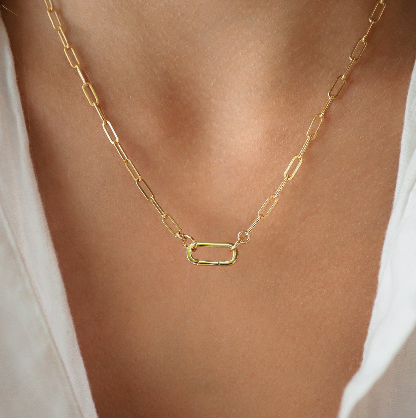 White topaz carabiner | 14k Gold Filled Paperclip Chain Necklace, gold filled carabiner necklace | gold necklace | paperclip chain jewelry