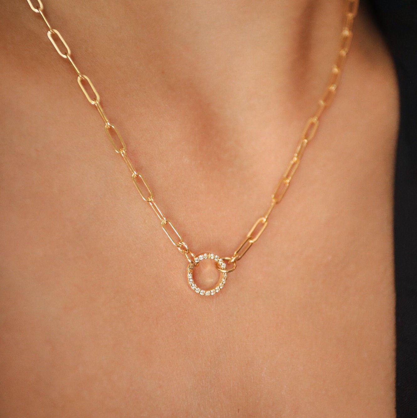 White topaz carabiner | 14k Gold Filled Paperclip Chain Necklace, gold filled carabiner necklace | gold necklace | paperclip chain jewelry