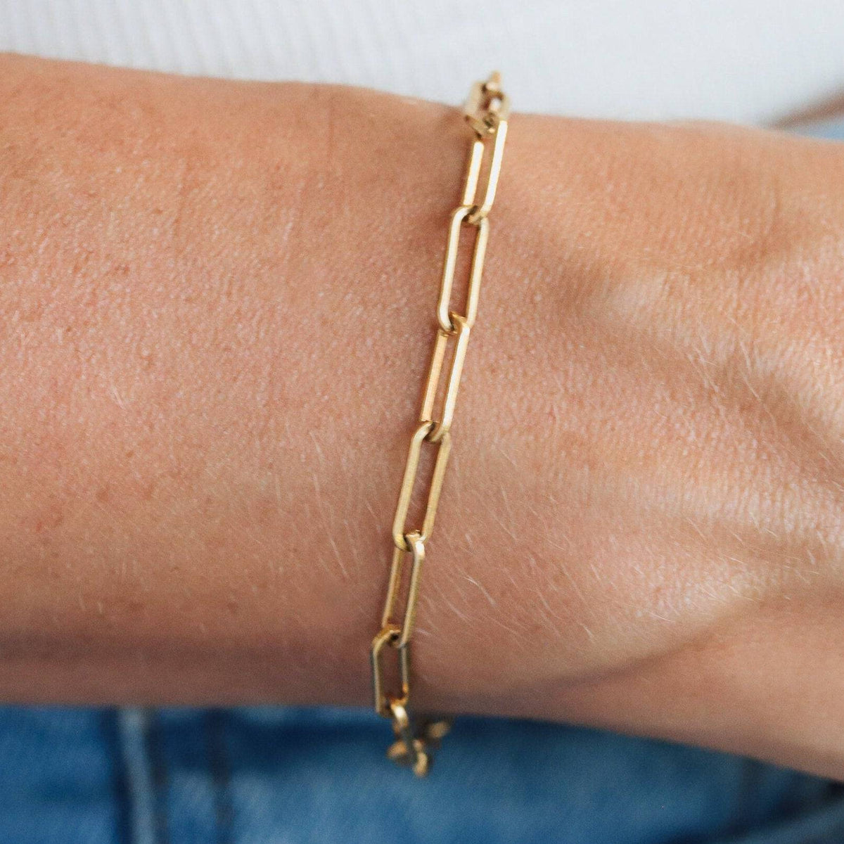 Earthly Abundance Jewelry paperclip carabiner bracelet with sleek metal design on a white background
