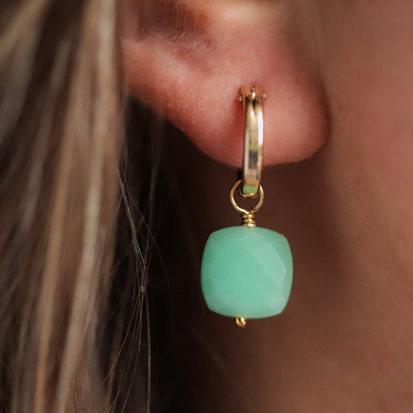 Pair of Earthly Abundance Chrysoprase square earrings featuring vibrant green gemstones on silver hooks.
