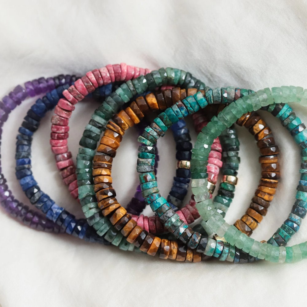 Earthly Abundance fluorite heishi bracelet with multicolored stone beads arranged in a stylish, handcrafted jewelry design.