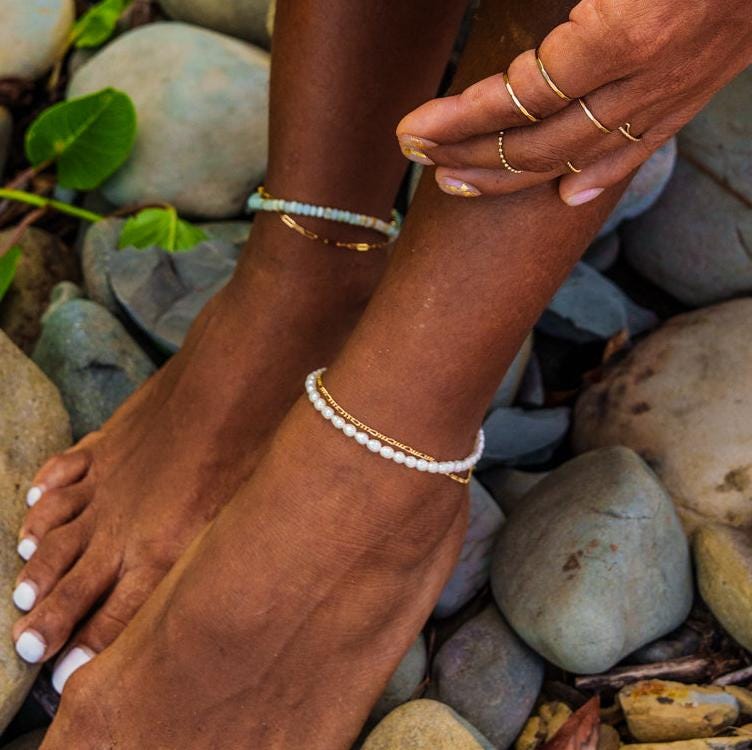 14K SOLID GOLD Fresh Water Pearl Anklet | Beaded anklet bracelet 14K | women's beaded ankle bracelet | peal jewelry | pearl anklet