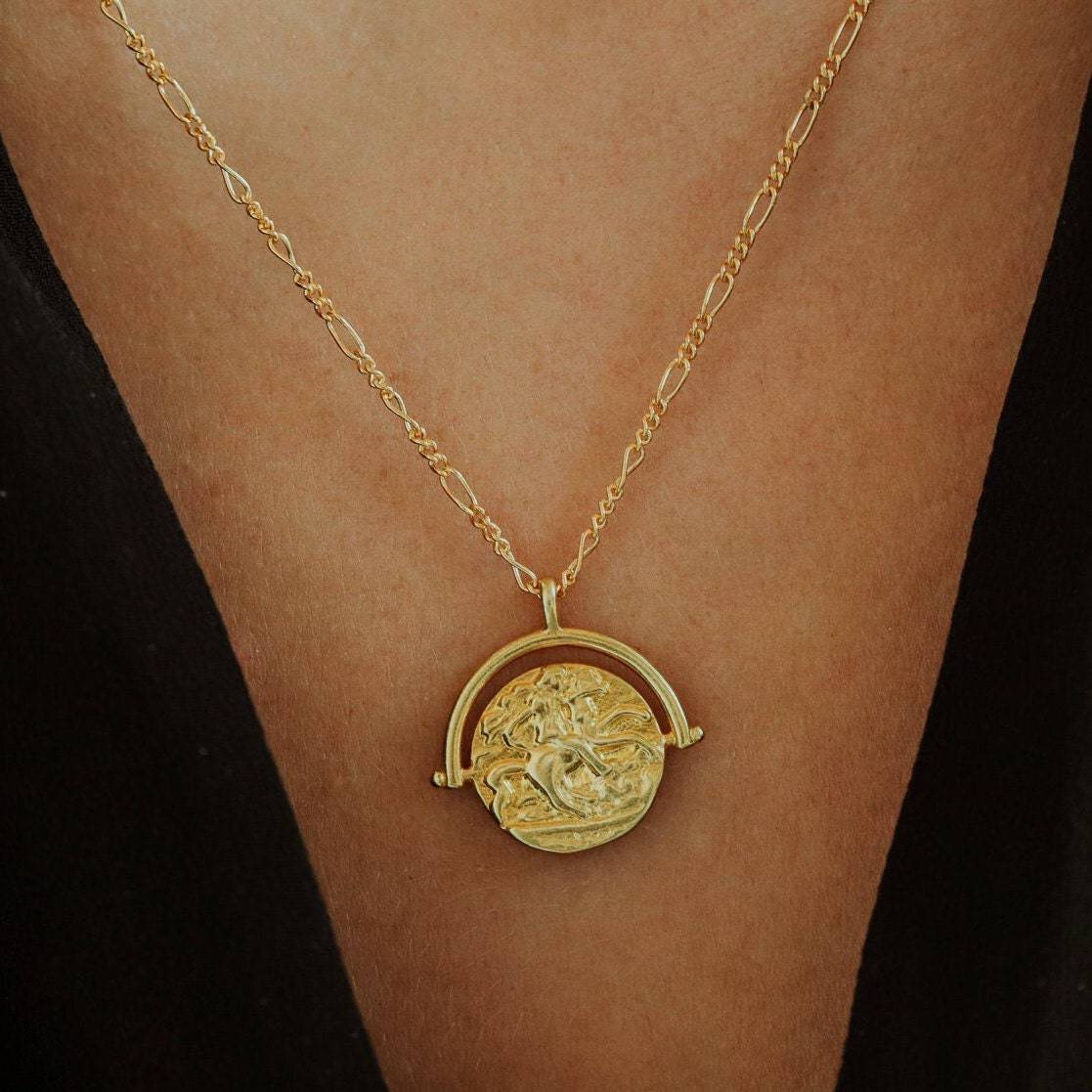 Greek Figaro necklace by Earthly Abundance Jewelry featuring interlinked gold chain links on a neutral background