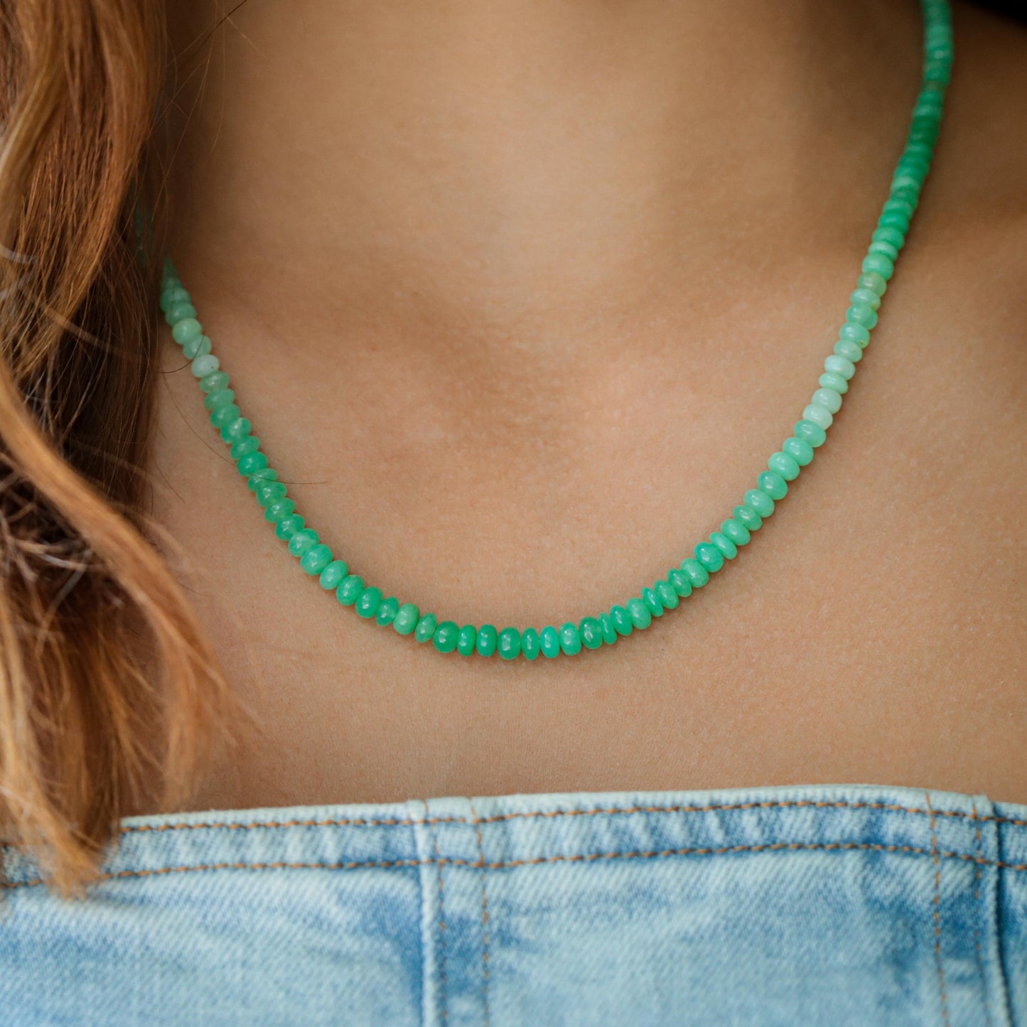 Green opal necklace with 14K gold chain, featuring vibrant gemstone and elegant design, by Earthly Abundance.