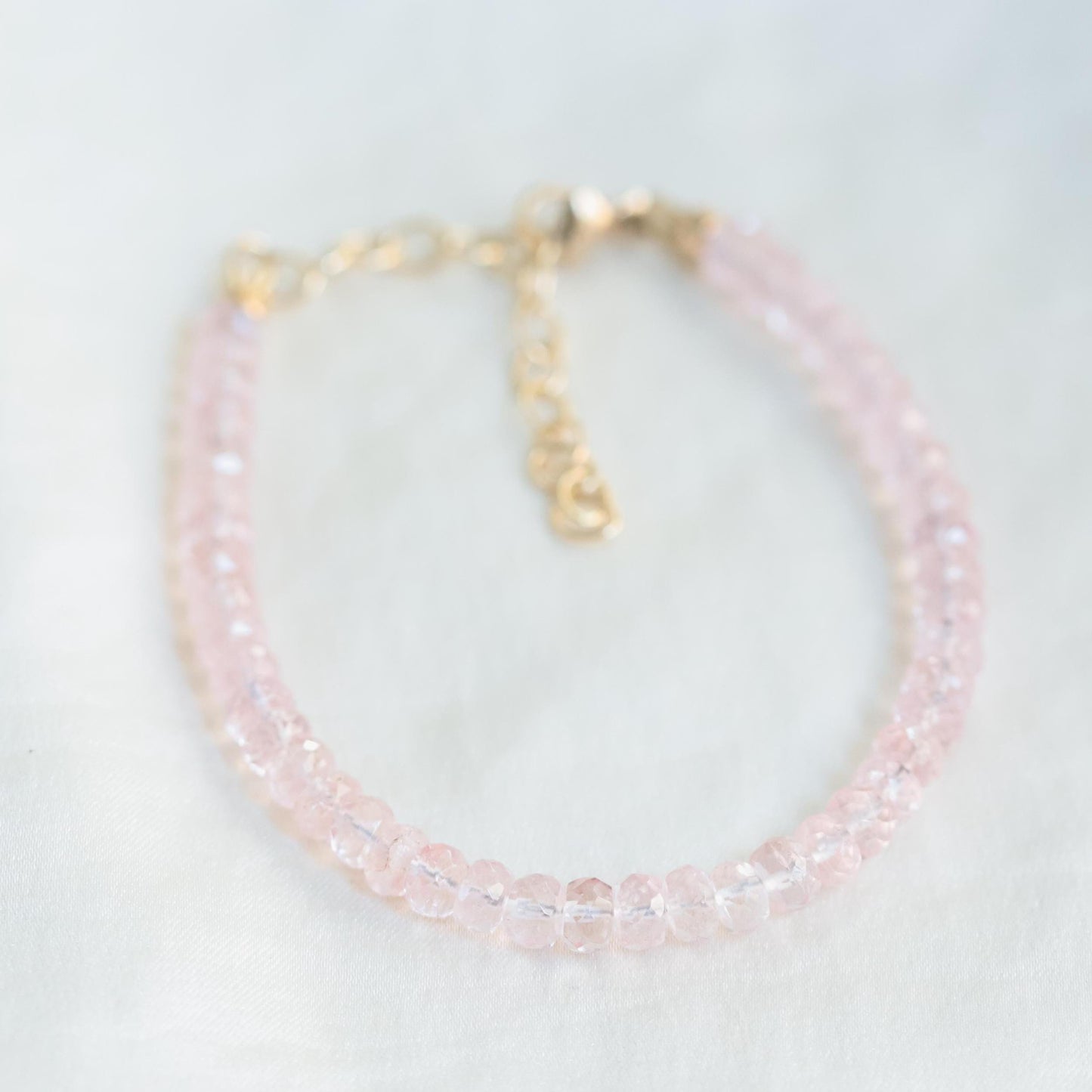 Refined Beauty Morganite bracelet by Earthly Abundance featuring pink gemstone beads on a delicate silver chain.
