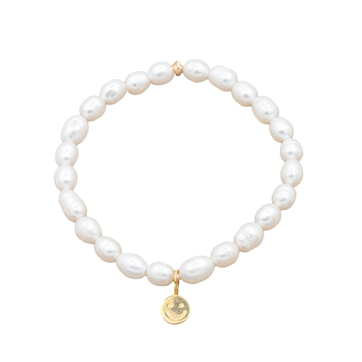 Happy Face Freshwater Pearl bracelet by Earthly Abundance featuring a string of lustrous freshwater pearls with a cheerful face charm.