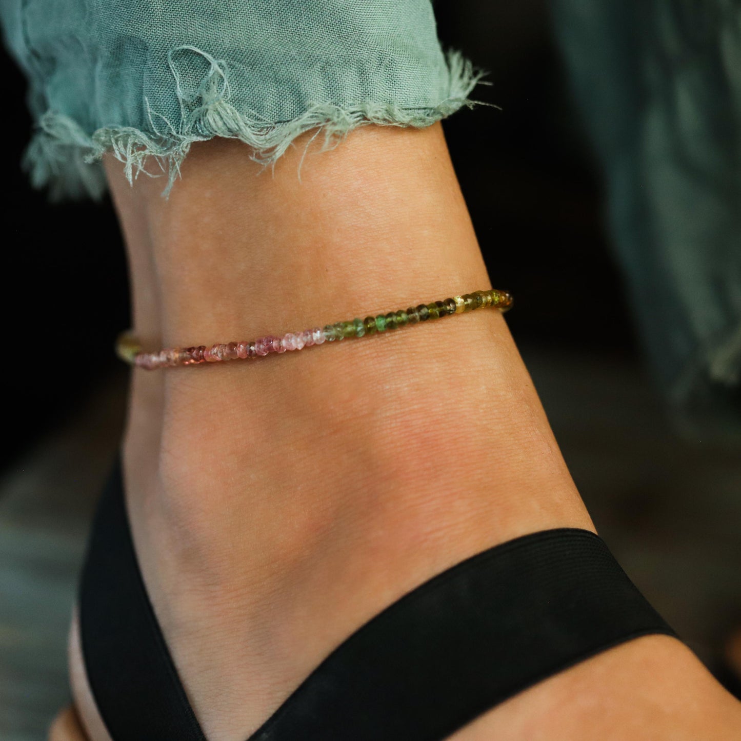 Mixed tourmaline anklet - 14K