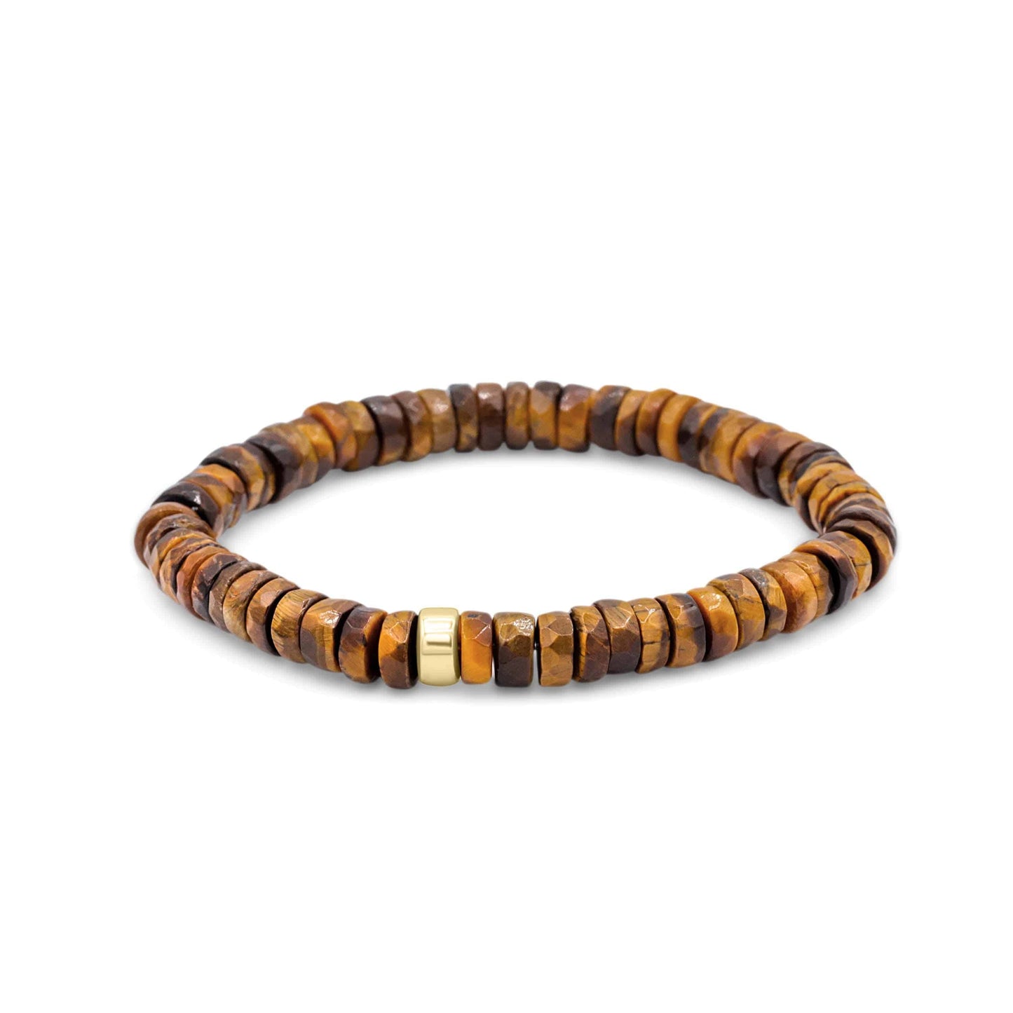 Earthly Abundance Tiger's Eye Heishi bracelet featuring round, polished tiger's eye beads on an elastic stretch band.