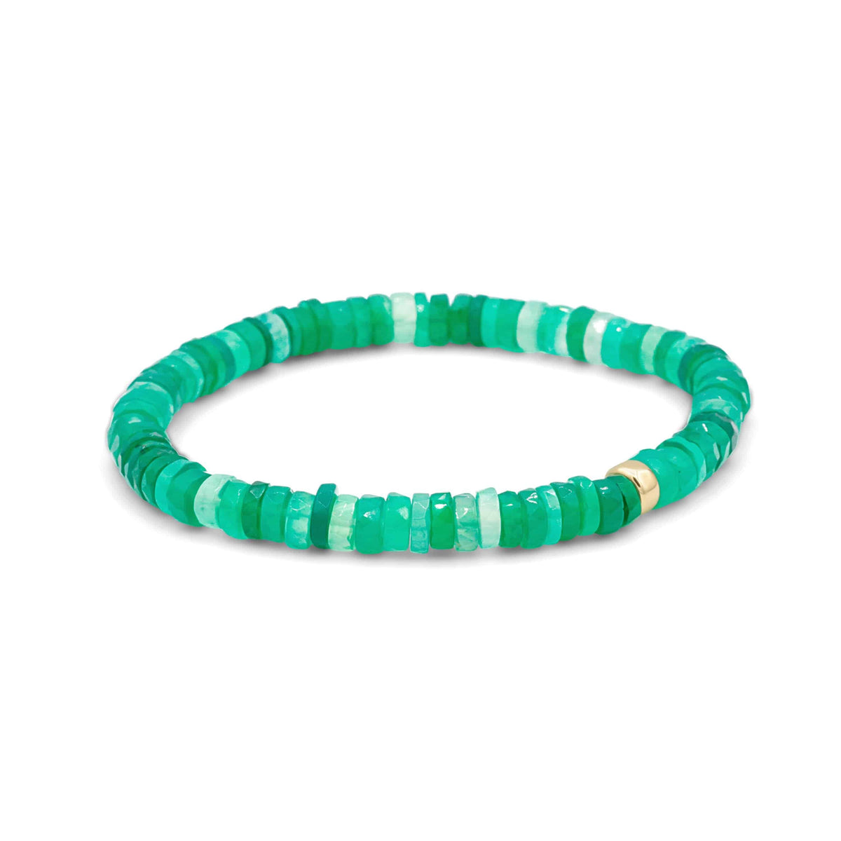 Green onyx heishi bracelet from Earthly Abundance featuring smooth round beads on an elastic cord.