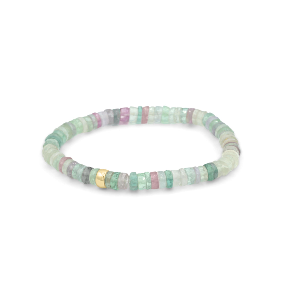 Earthly Abundance fluorite heishi bracelet featuring vibrant, smooth gemstone beads strung together in a stylish jewelry piece.