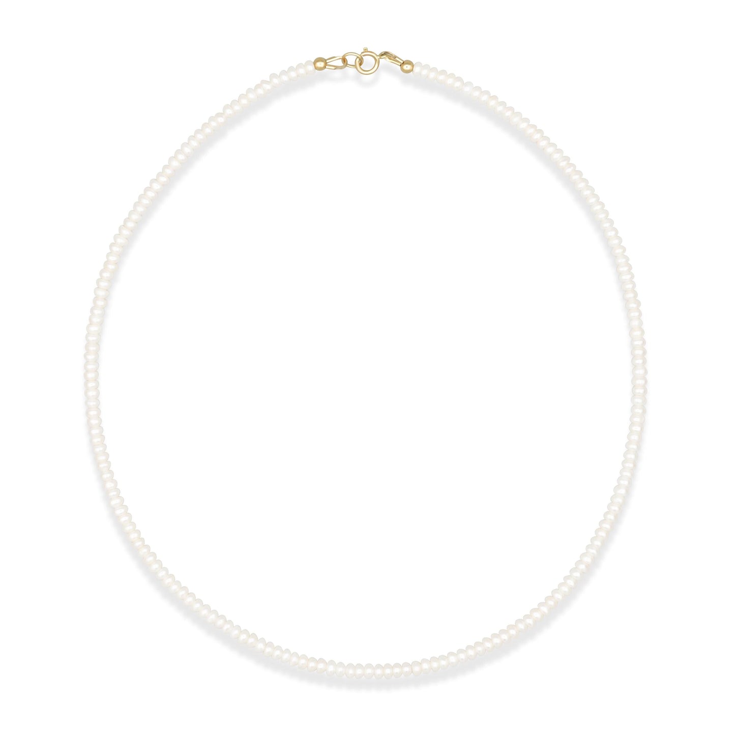 Freshwater pearl necklace with 14K gold clasp from Earthly Abundance Jewelry, showcasing lustrous white pearls on a delicate chain.