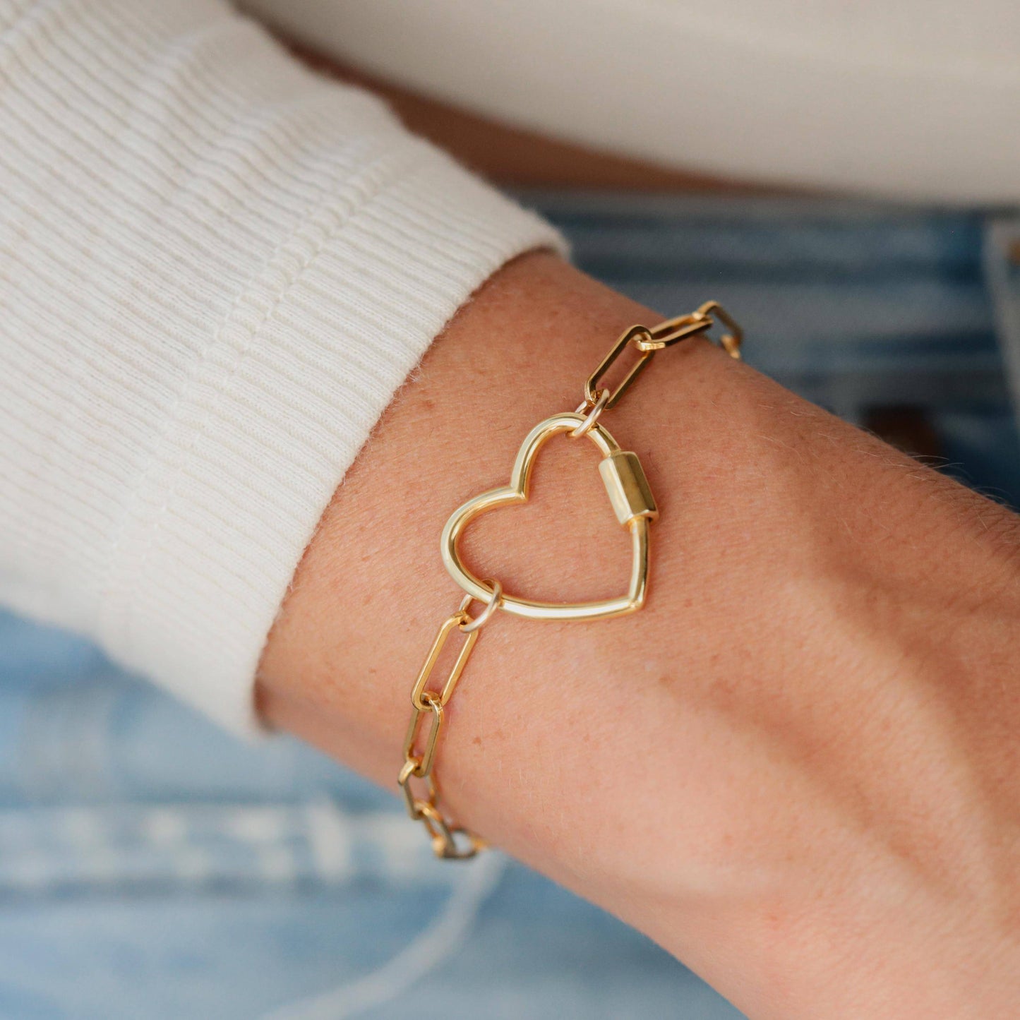 Earthly Abundance Jewelry Paperclip Carabiner Bracelet featuring sleek metal links and secure clasp on a neutral background.