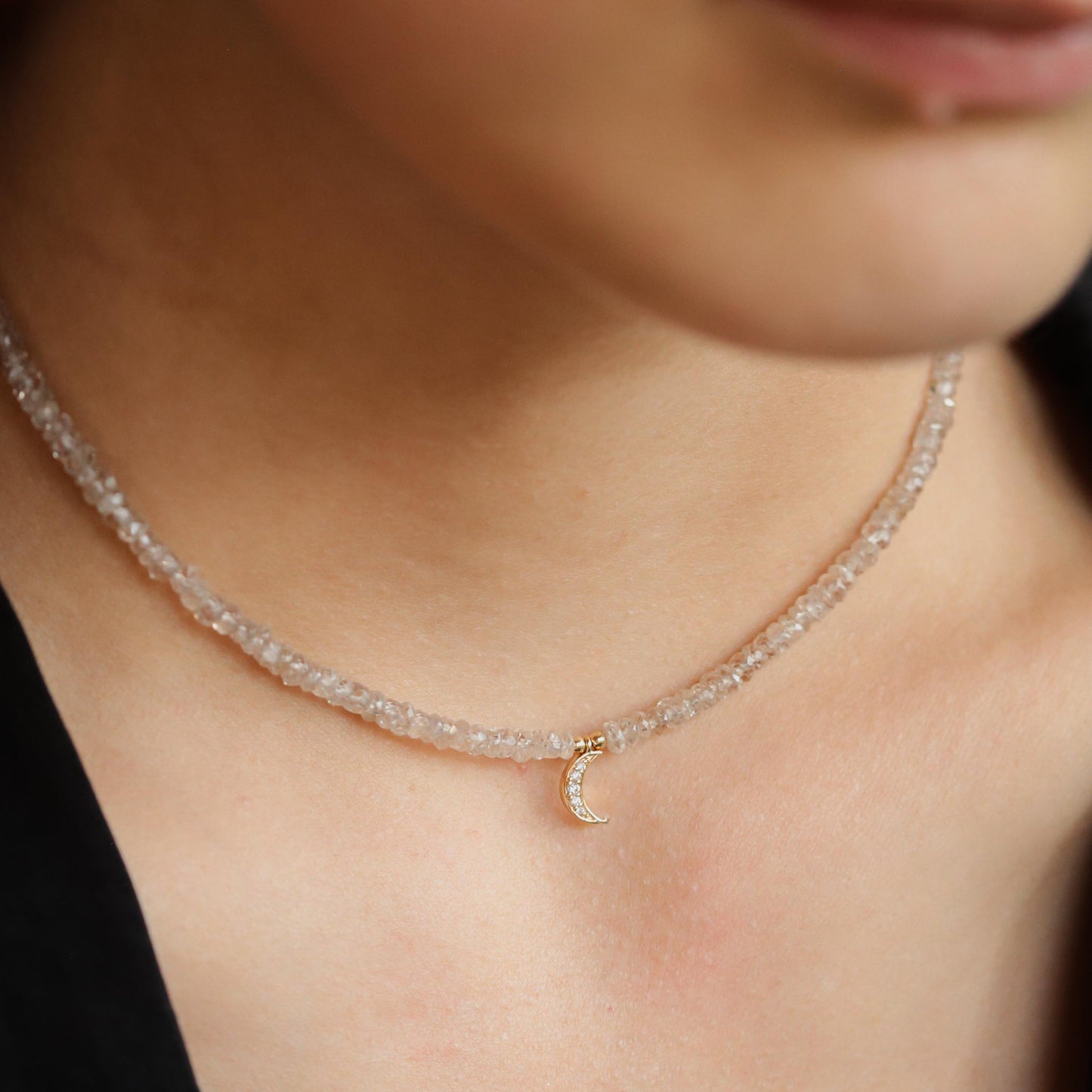 Natural Zircon Necklace with Diamond Crescent