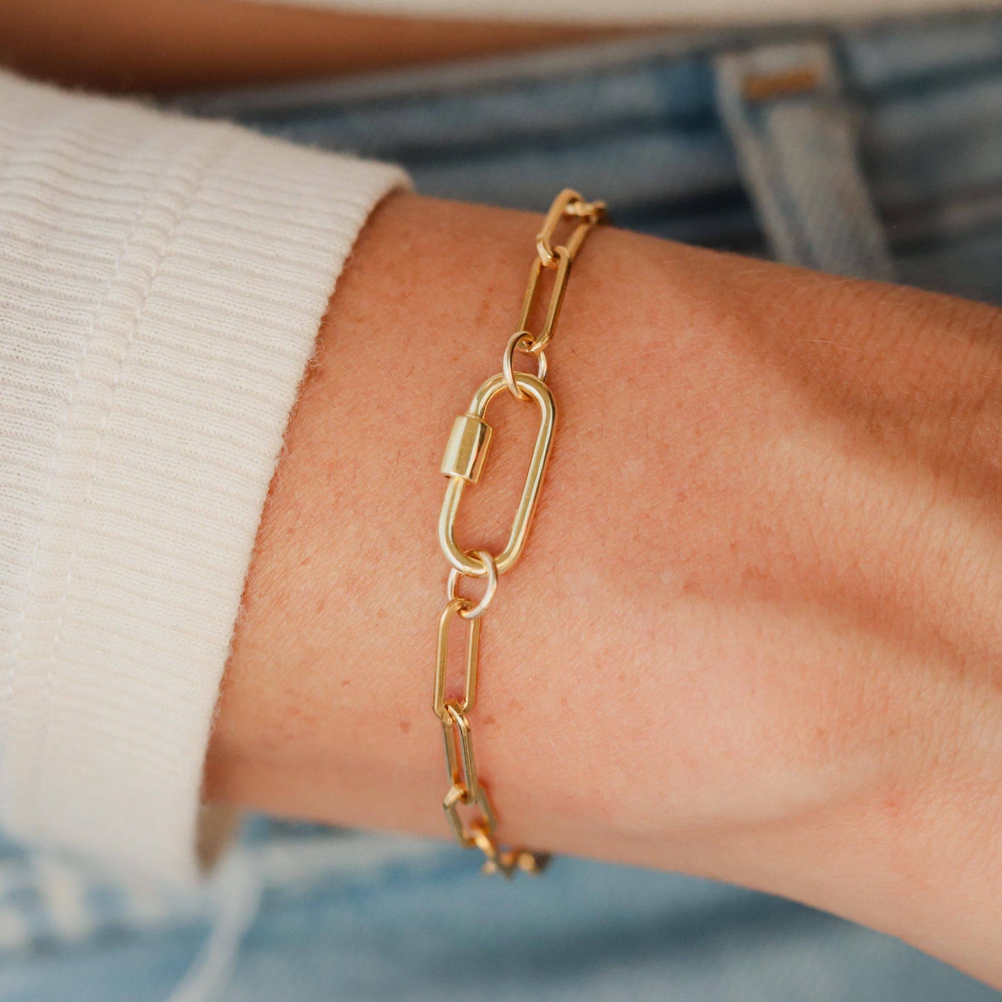 Earthly Abundance Jewelry paperclip carabiner bracelet featuring sleek metal links and secure clasp on a white background.