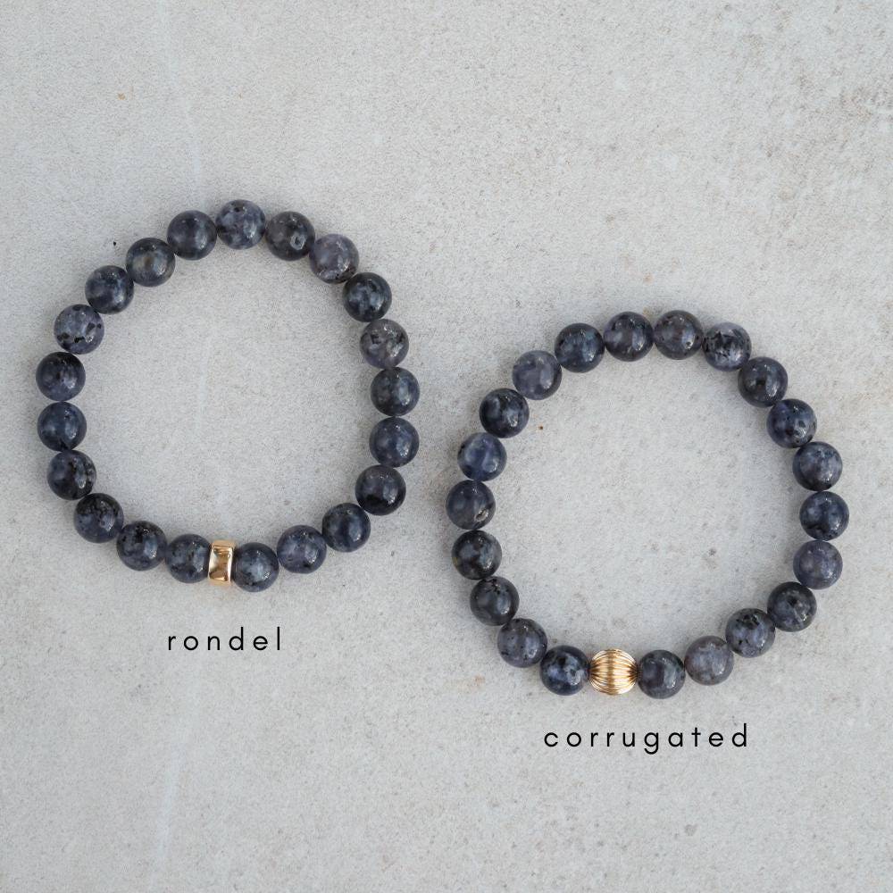 Iolite bracelet featuring 14K gold accents from Earthly Abundance Jewelry, showcasing polished blue-purple stones on a delicate chain.
