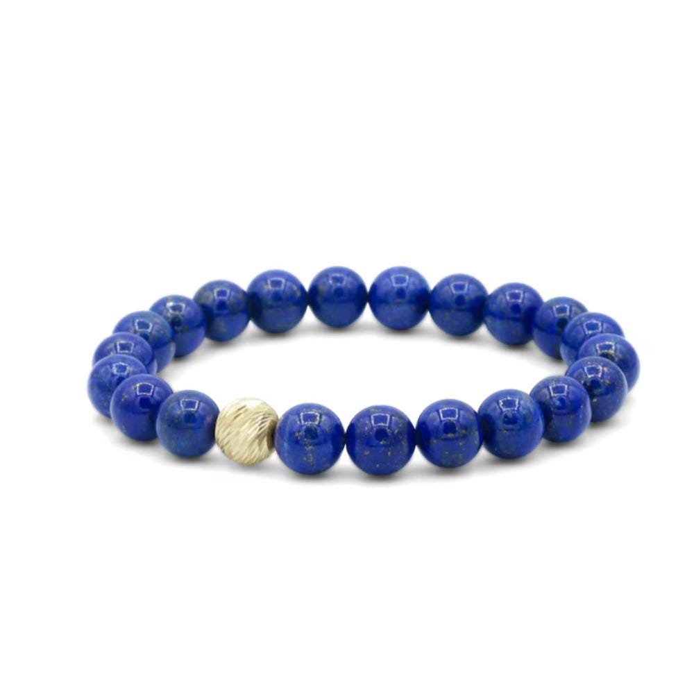 8mm Lapis Lazuli gemstone beads from Earthly Abundance, showcasing deep blue stones with gold pyrite inclusions.
