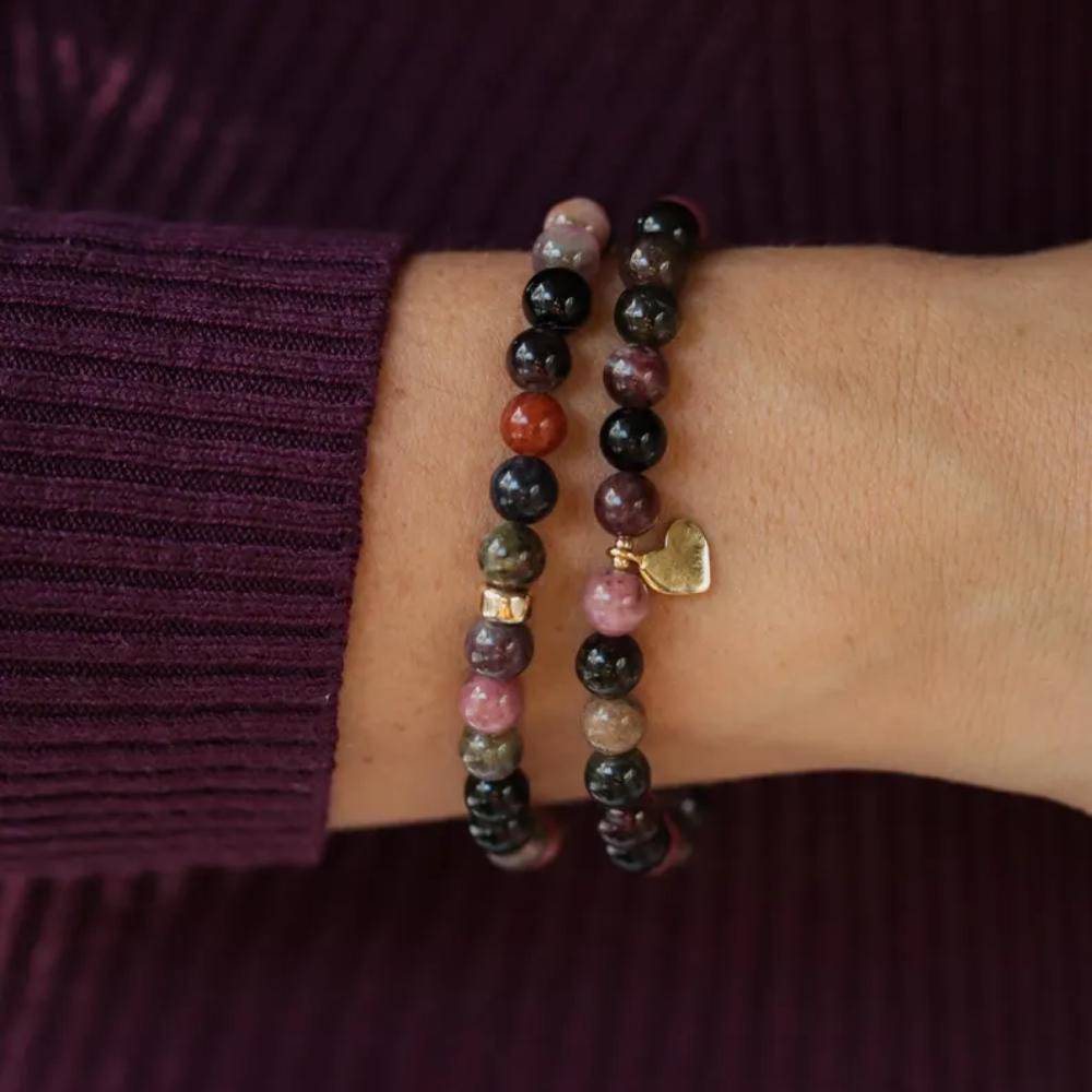 Mixed tourmaline bracelet with 14K gold accents from Earthly Abundance Jewelry, showcasing colorful gemstone beads on a delicate chain.