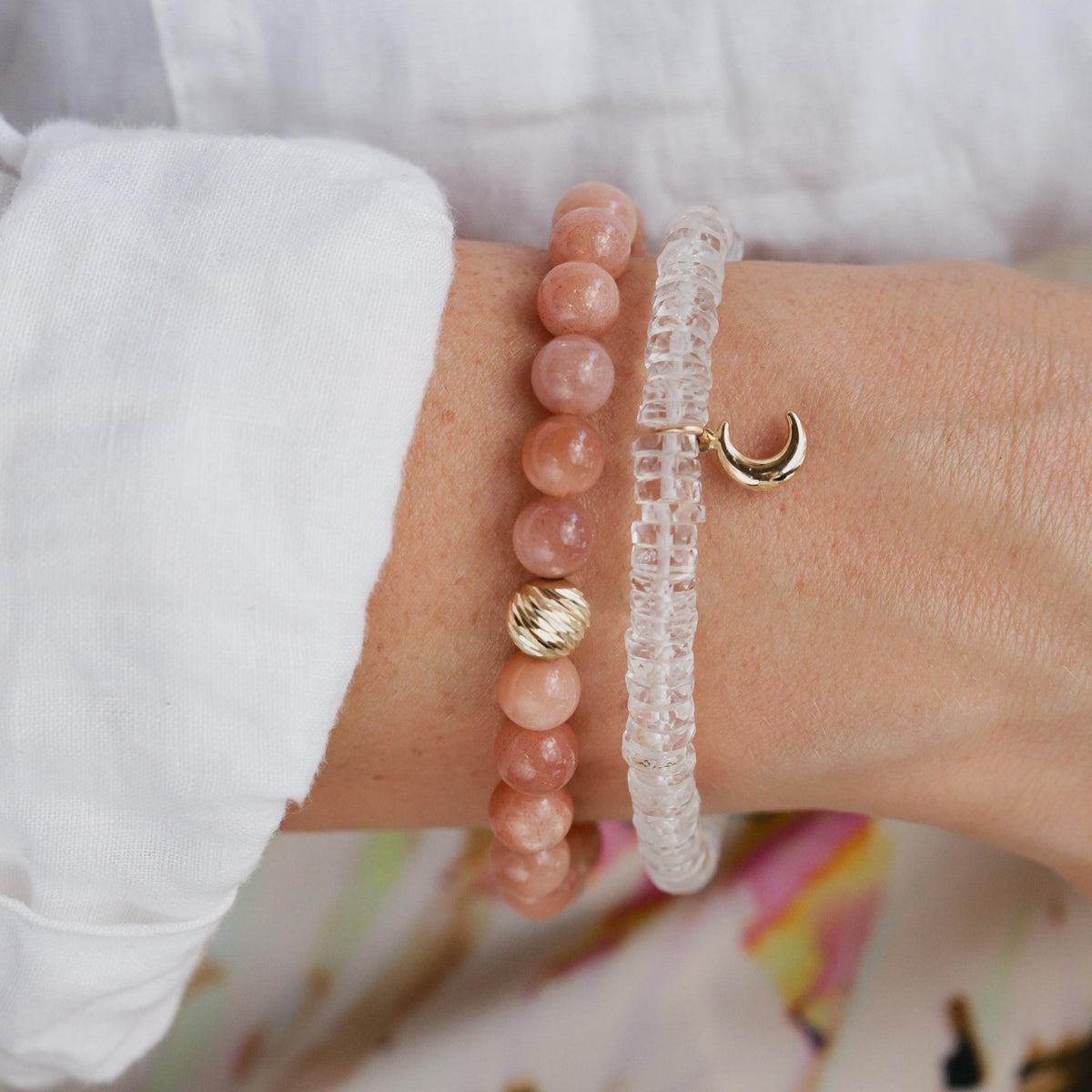 Earthly Abundance Paloma Peach Moonstone bracelet featuring peach-toned moonstone beads and a delicate, handcrafted design.