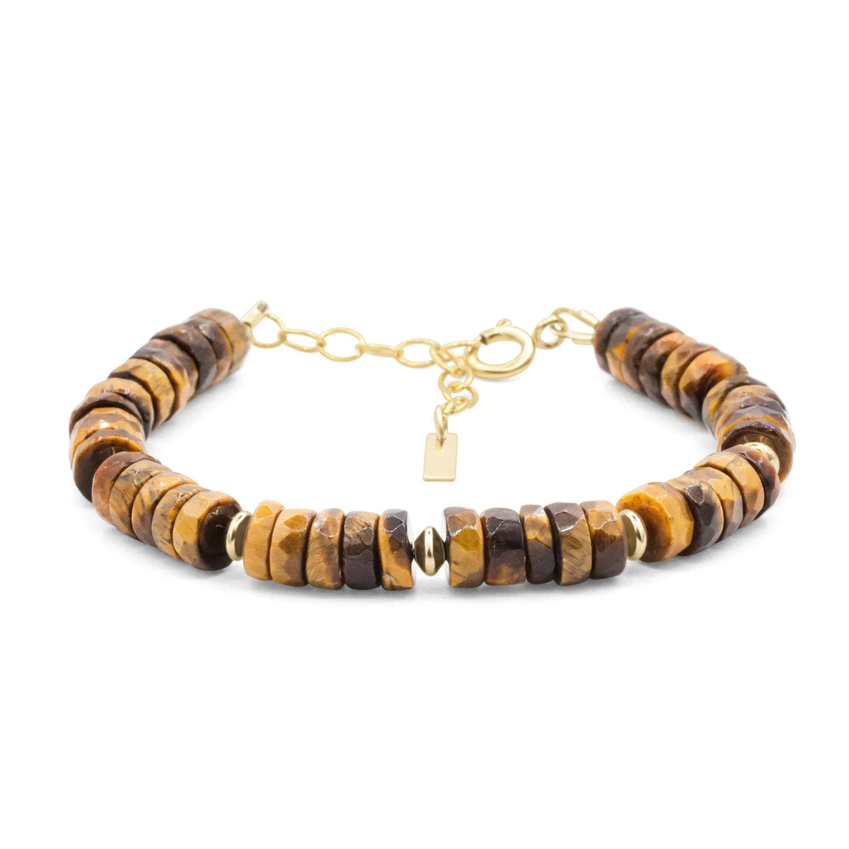 Tiger's Eye heishi bracelet from Earthly Abundance Jewelry featuring smooth, round stone beads on an elastic band.