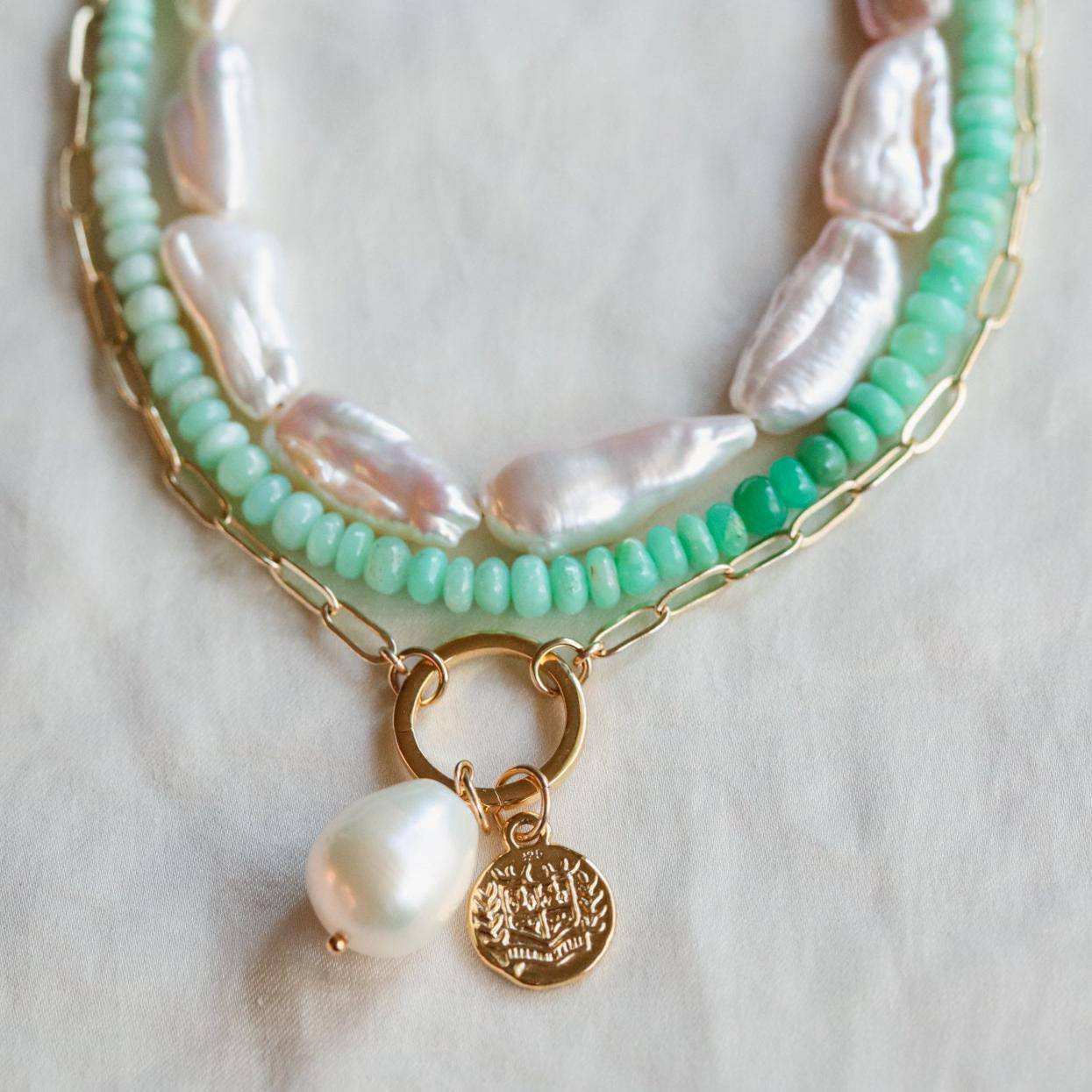 Earthly Abundance Keishi Pearl Necklace featuring lustrous white pearls on a delicate chain, elegant jewelry for special occasions