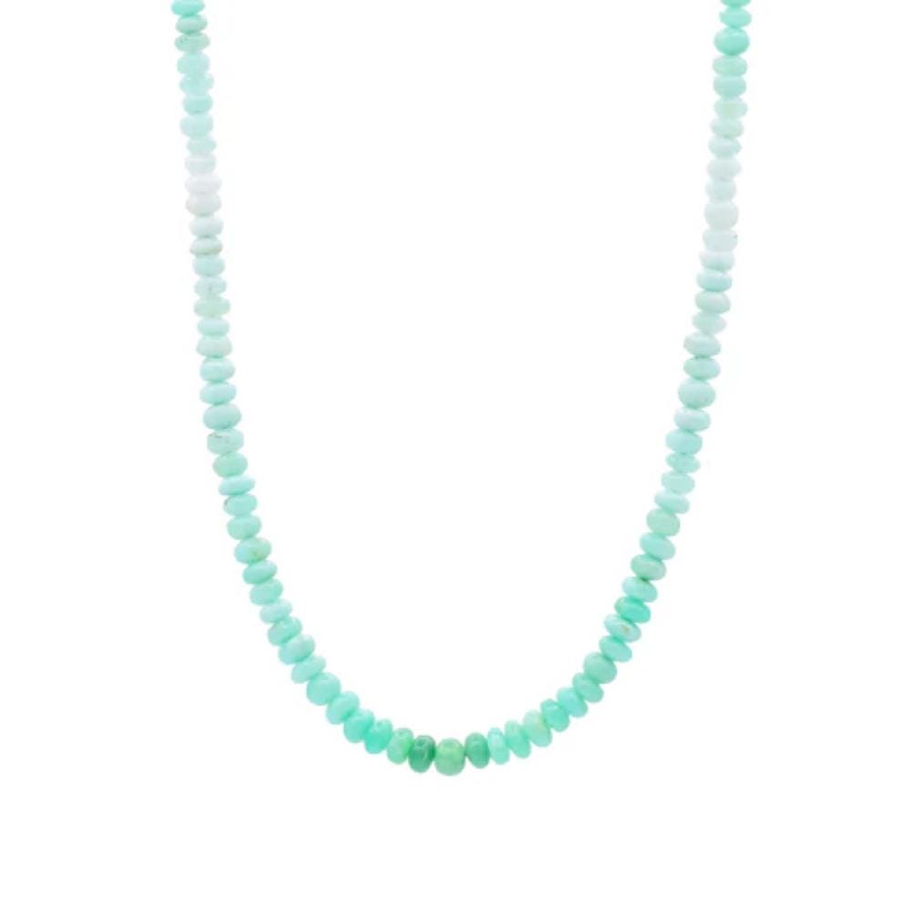 Green opal necklace in 14K gold setting featuring a polished green opal gemstone with a delicate chain.