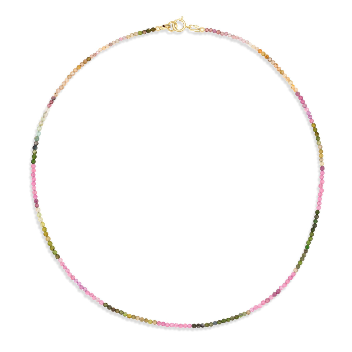 Mixed tourmaline necklace with 2mm beads from Earthly Abundance Jewelry, featuring colorful gemstones on a delicate chain.
