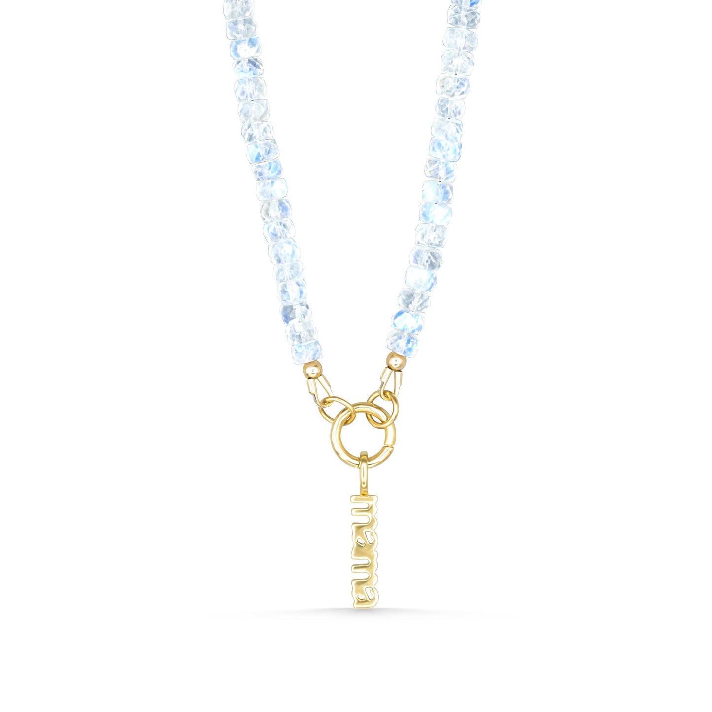 Rainbow Moonstone Carabiner Necklace by Earthly Abundance featuring a polished moonstone pendant on a metal chain.