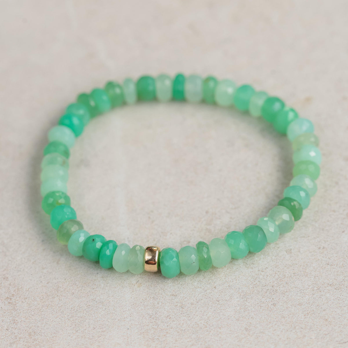 Earthly Abundance Verde Mare bracelet with chrysoprase beads and silver accents, showcasing natural green gemstone jewelry.