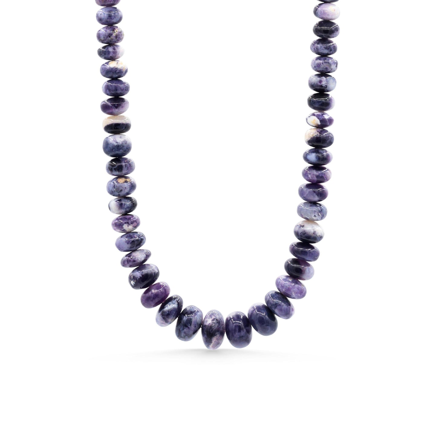 Purple opal necklace in 14K gold with Earthly Abundance branding, featuring a vibrant Tiffany purple gemstone pendant.