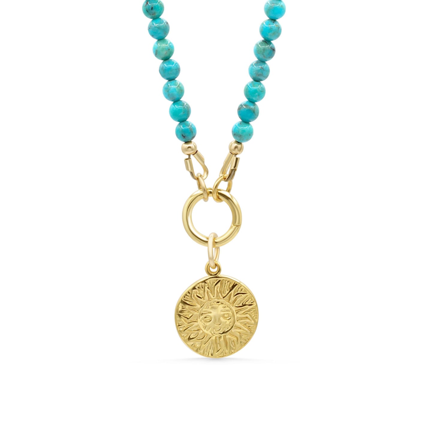 Turquoise Soleil Necklace by Earthly Abundance featuring a vibrant turquoise pendant on a delicate chain.
