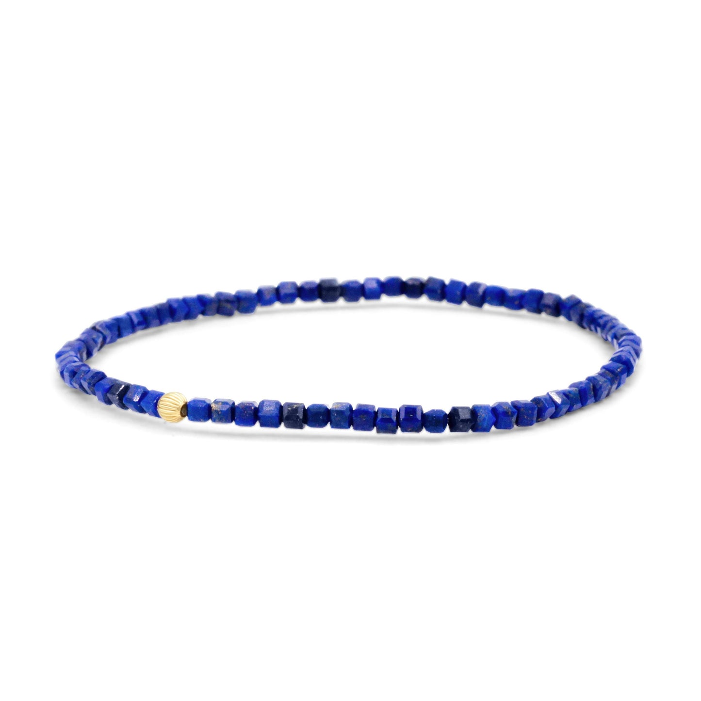 Lapis Lazuli cube bracelet with 14K gold accents from Earthly Abundance, showcasing polished blue stones on a delicate bracelet.