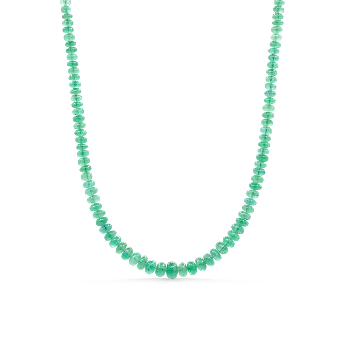 Zambian emerald smooth rondel necklace featuring green gemstone beads on a delicate string, showcasing natural luster and vibrant color.