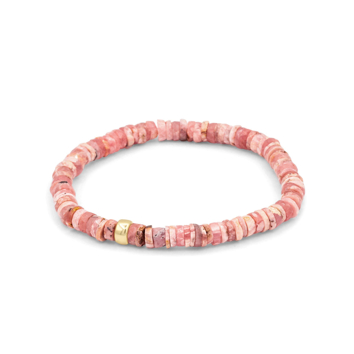 Earthly Abundance Rhodochrosite Heishi bracelet featuring smooth, pink gemstone beads with a boho, handcrafted style.