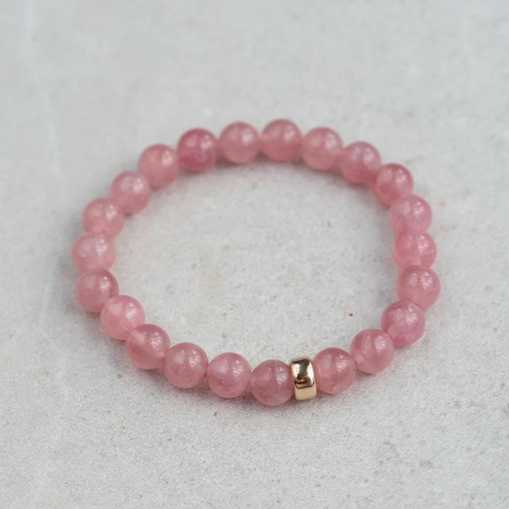Earthly Abundance Madagascar Rose Quartz 8mm gemstone beads showcasing soft pink, polished round stones on a neutral background.
