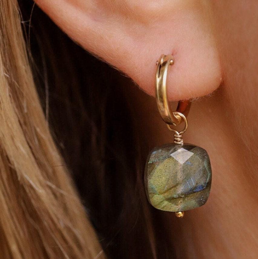 Blue flash labradorite earrings featuring vibrant, iridescent stones set in silver, designed by Earthly Abundance.