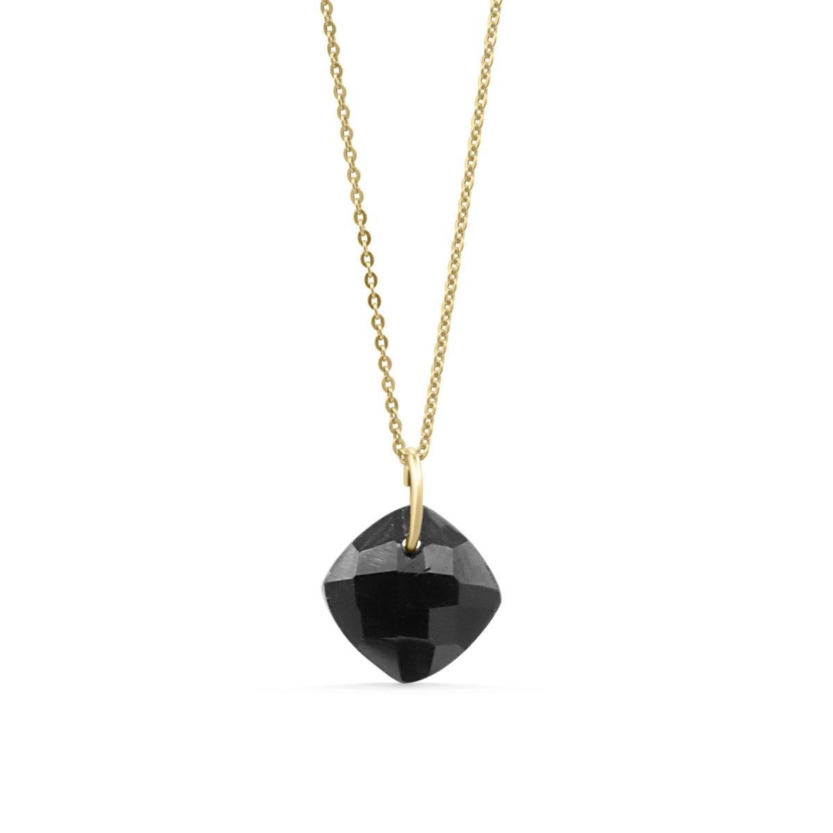 Black Tourmaline faceted pendant from Earthly Abundance featuring a polished, geometric gemstone on a silver chain.