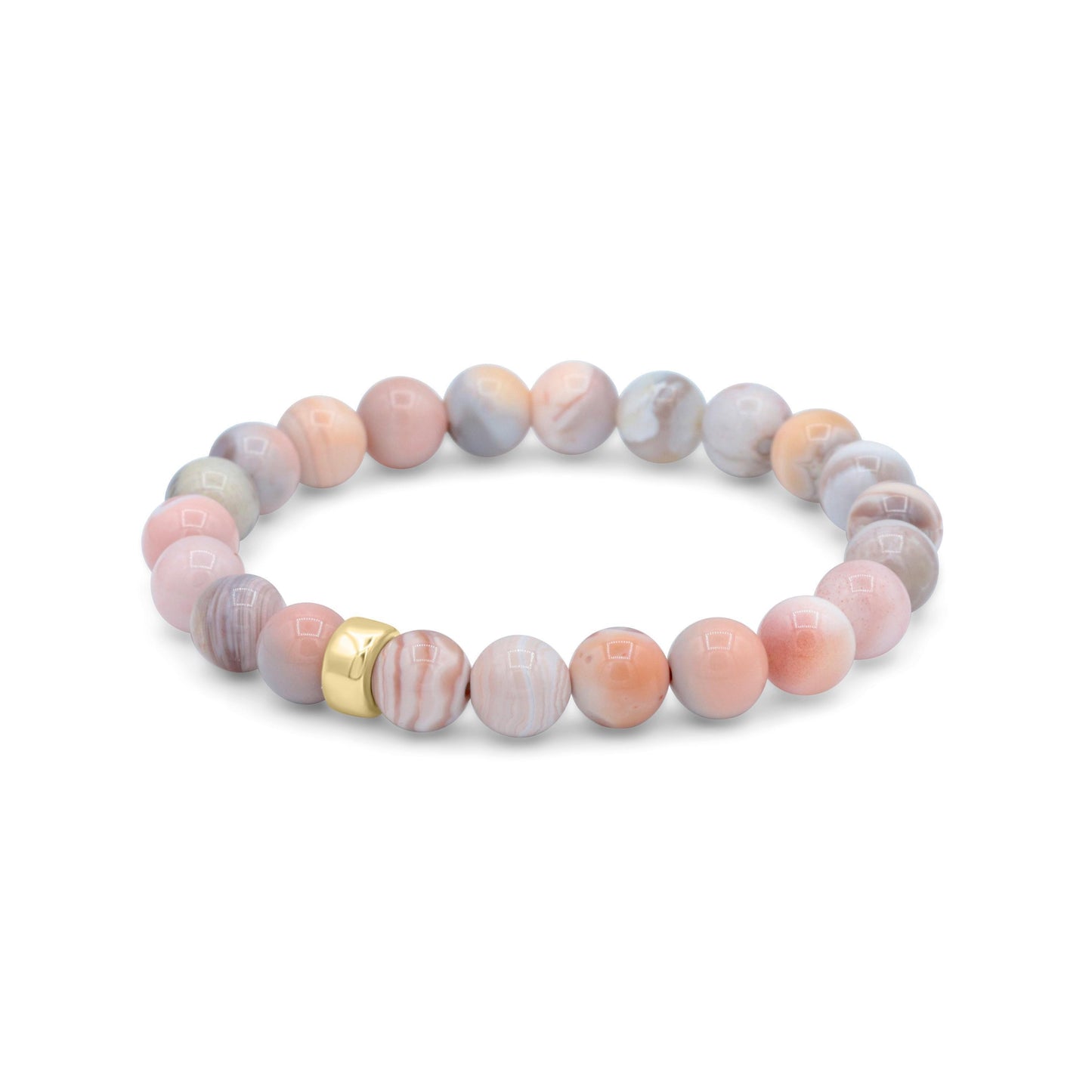 Pink Botswana Agate bracelet by Earthly Abundance featuring polished pink and brown gemstone beads on an elastic band.