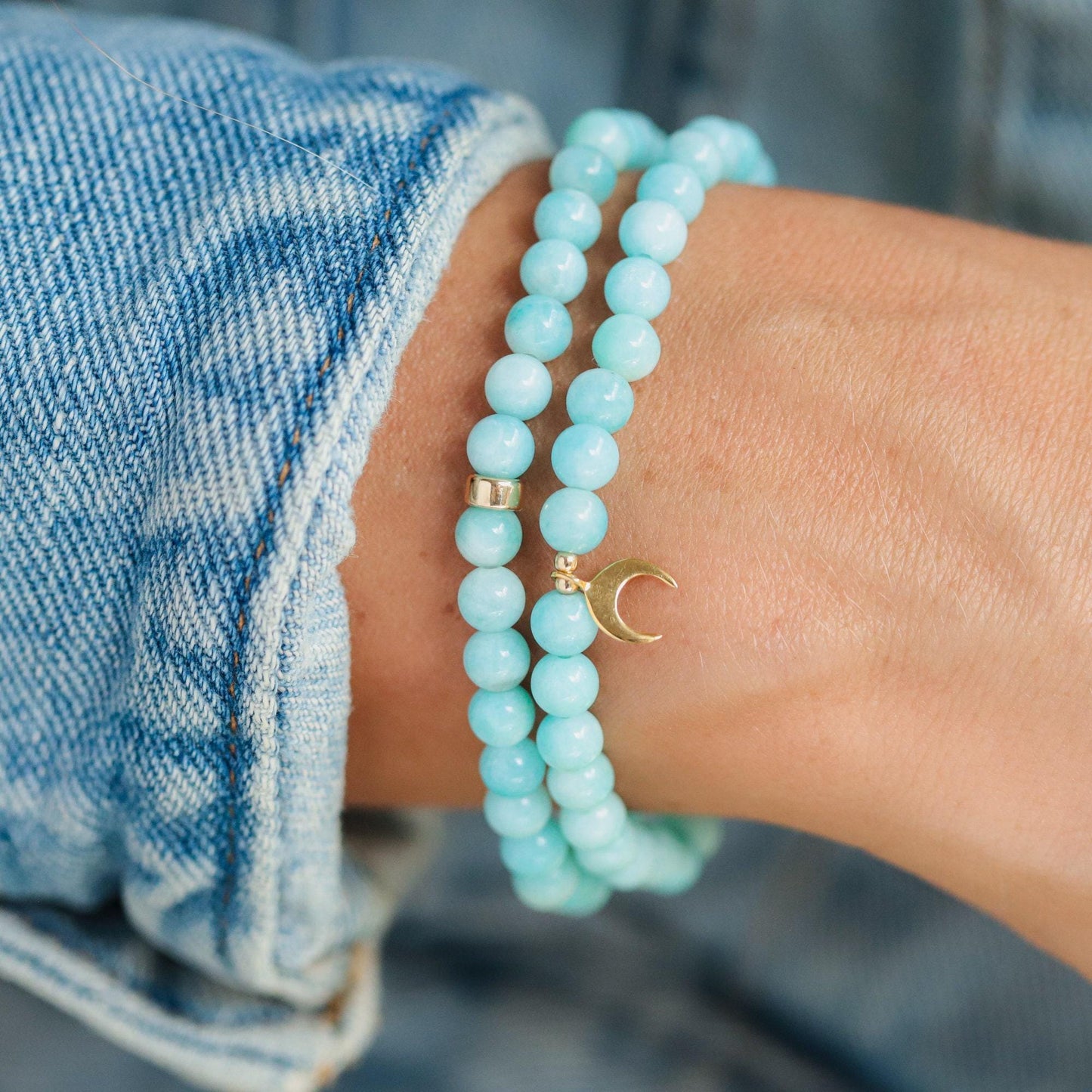 Peruvian Amazonite bracelet with 5mm beads from Earthly Abundance, showcasing smooth, turquoise-green stones strung on elastic.