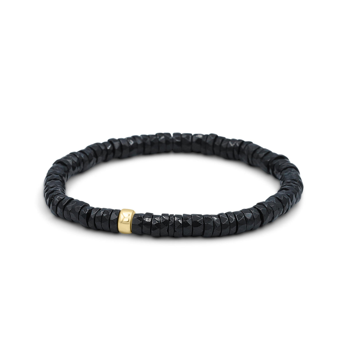 Black Spinel Heishi bracelet by Earthly Abundance featuring smooth black spinel beads on a stretchy cord.