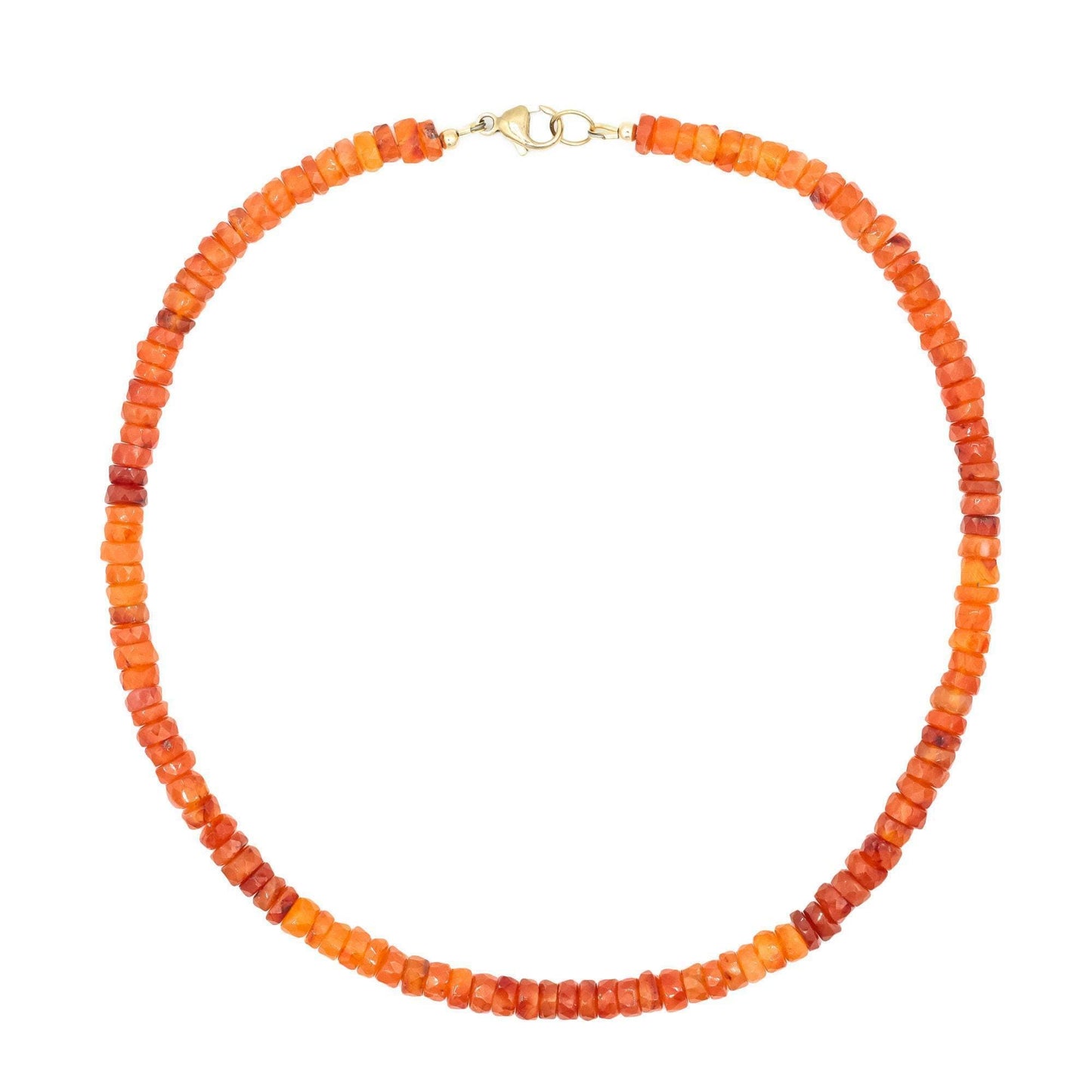 Carnelian heishi necklace with small round orange beads from Earthly Abundance, displayed on a neutral background.