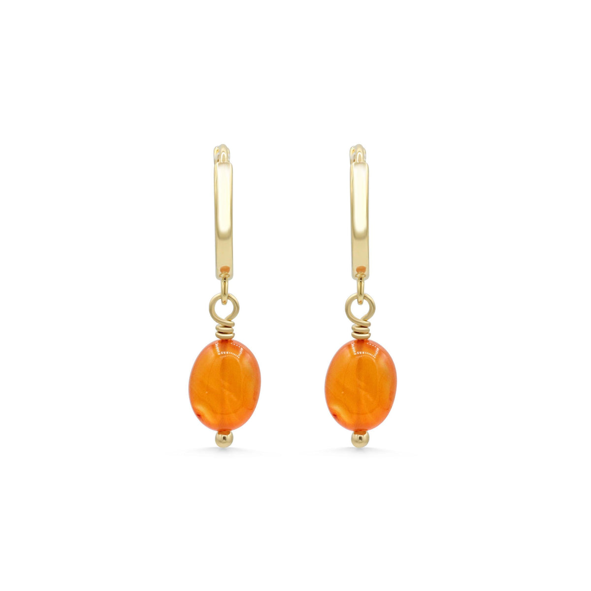 Earthly Abundance Carnelian glow hoops featuring vibrant orange-red carnelian stones and gold-tone hoop earrings.