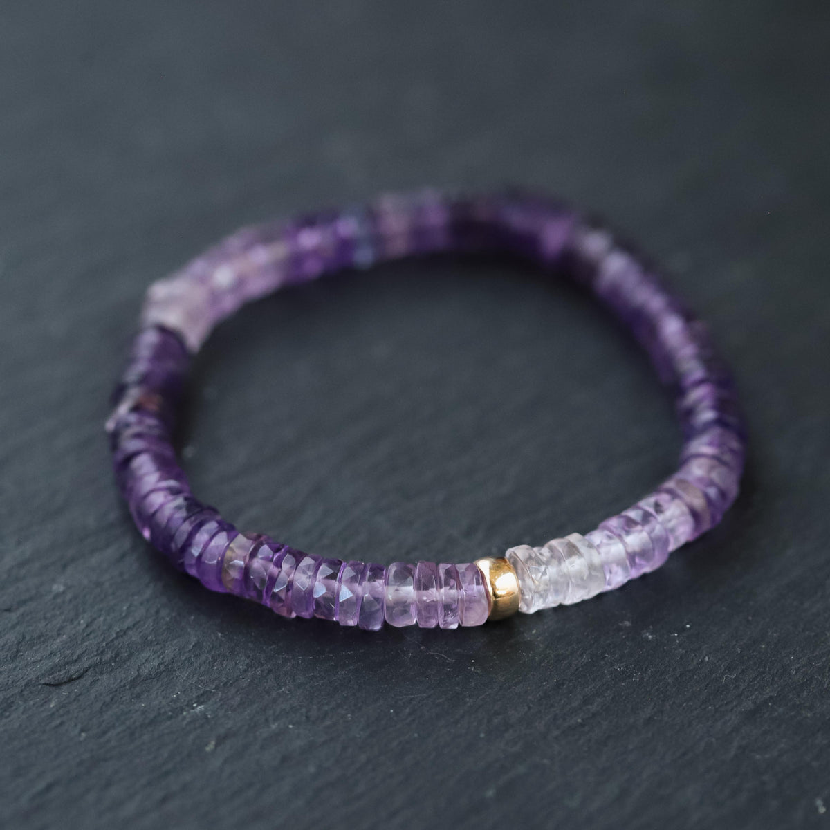 Earthly Abundance Radiant Ombré Amethyst Heishi Bracelet with smooth, multicolored beads and adjustable cord design
