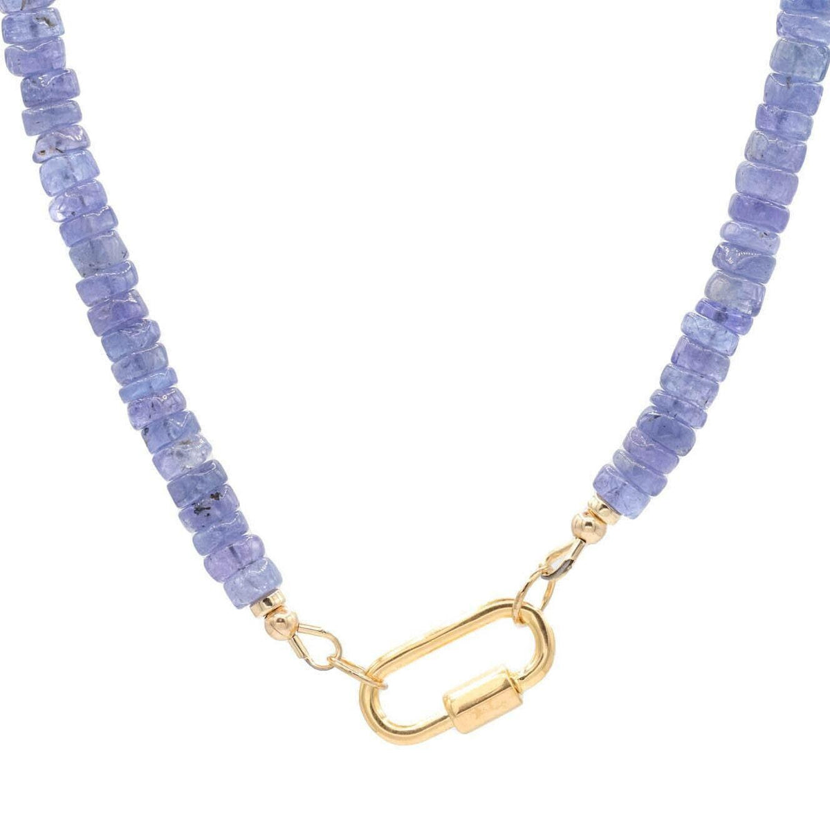 Violet Tide Tanzanite Carabiner Necklace from Earthly Abundance featuring a purple gemstone pendant on a silver chain.