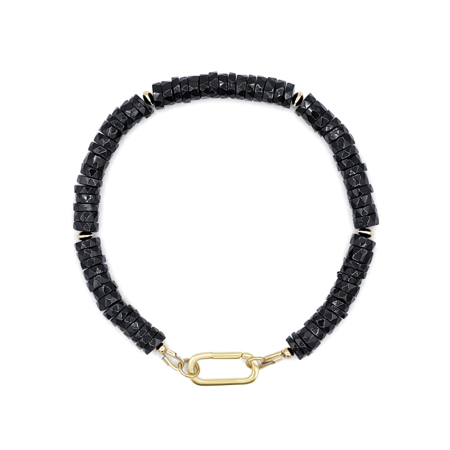 Black Spinel Carabiner Bracelet by Earthly Abundance Jewelry featuring black spinel beads and a metal carabiner clasp.
