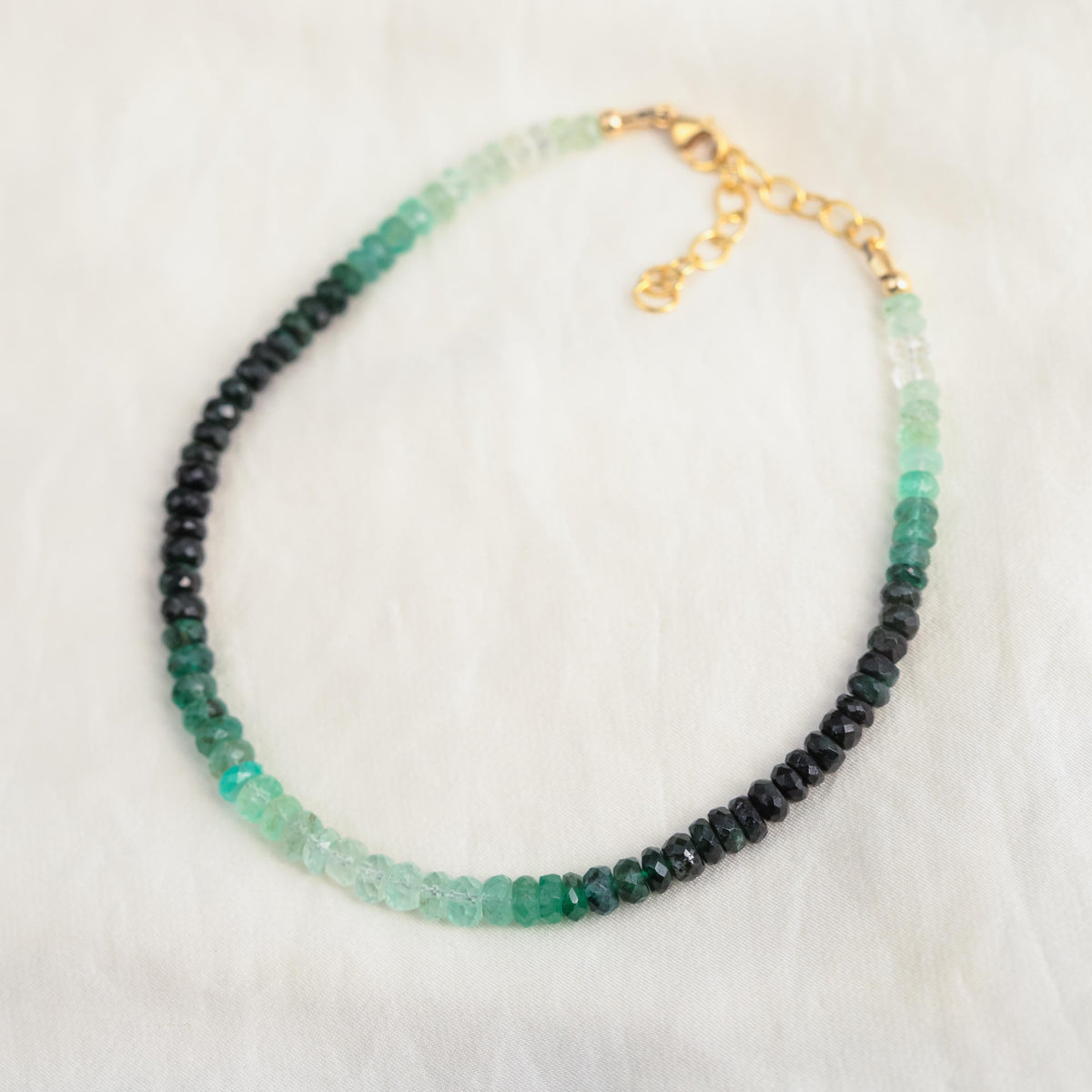 Emerald ombre anklet by Earthly Abundance featuring graduated green gemstone beads on a delicate silver chain.