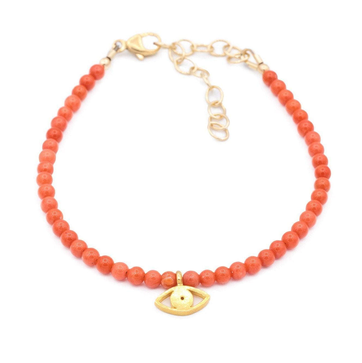 Italian coral pendant with evil eye charm by Earthly Abundance, featuring vibrant coral beads and protective eye symbol.