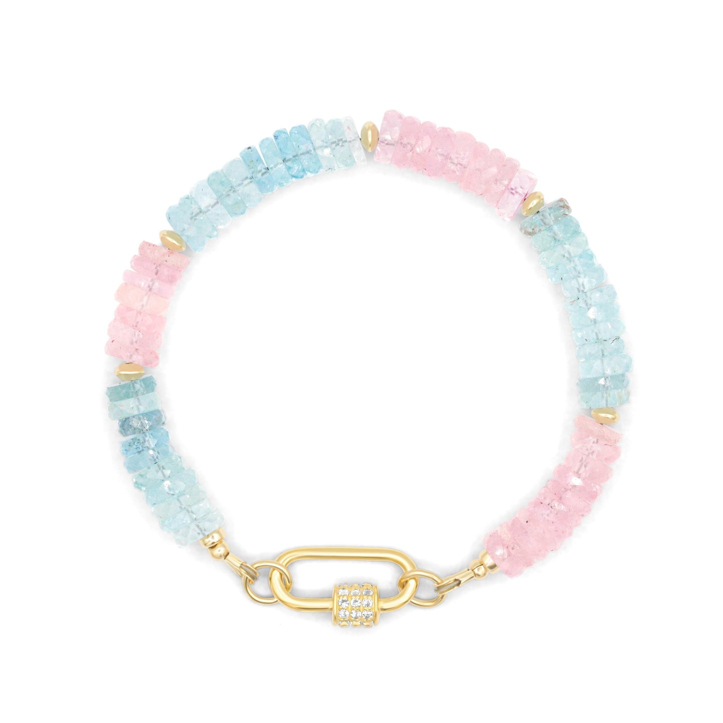 Earthly Abundance Morganite Beryl Topaz Carabiner bracelet featuring colorful gemstones and a secure metal clasp.