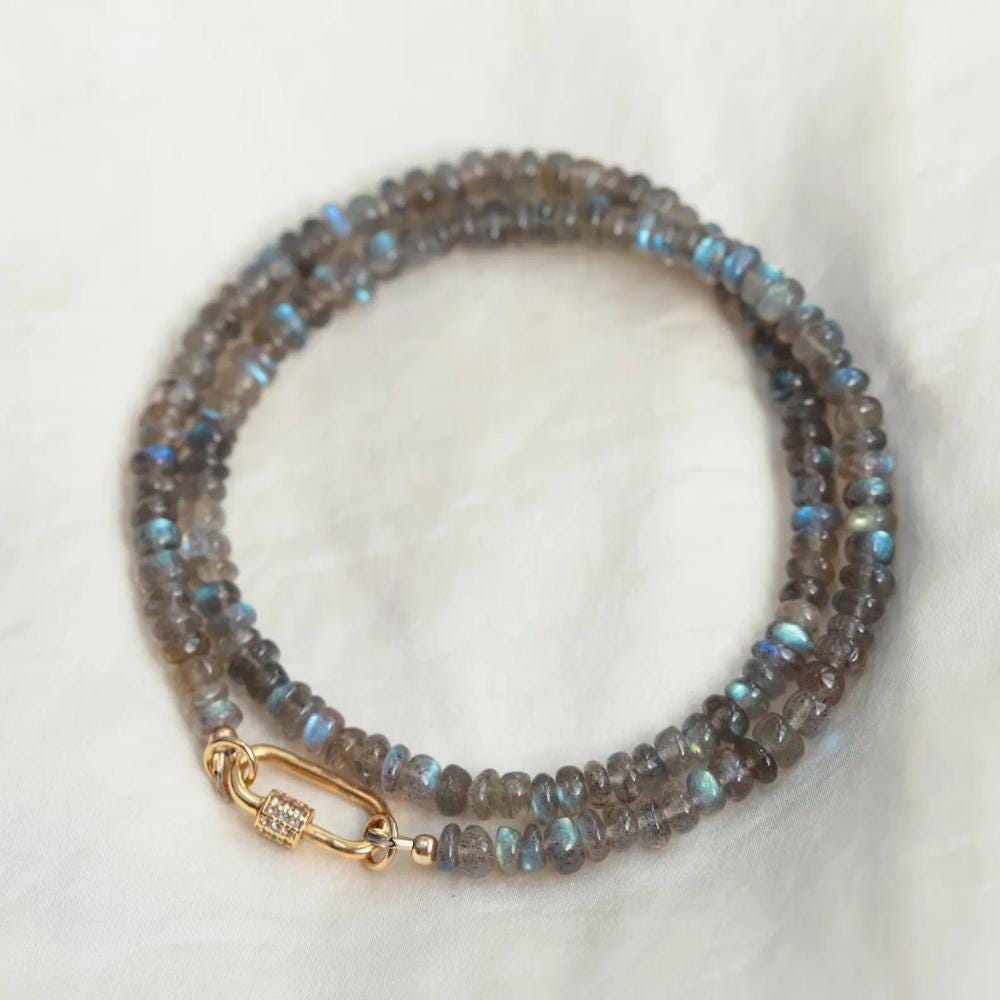 Labradorite and white topaz carabiner necklace with silver chain, featuring a polished labradorite gemstone and sparkling topaz accents.