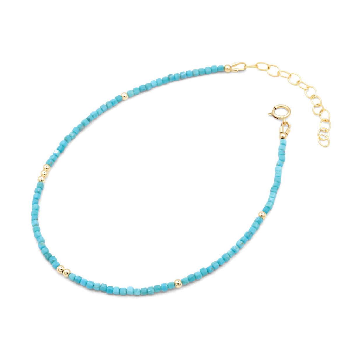 Turquoise cube anklet from Earthly Abundance Jewelry featuring a chain with turquoise cube beads on a white background.