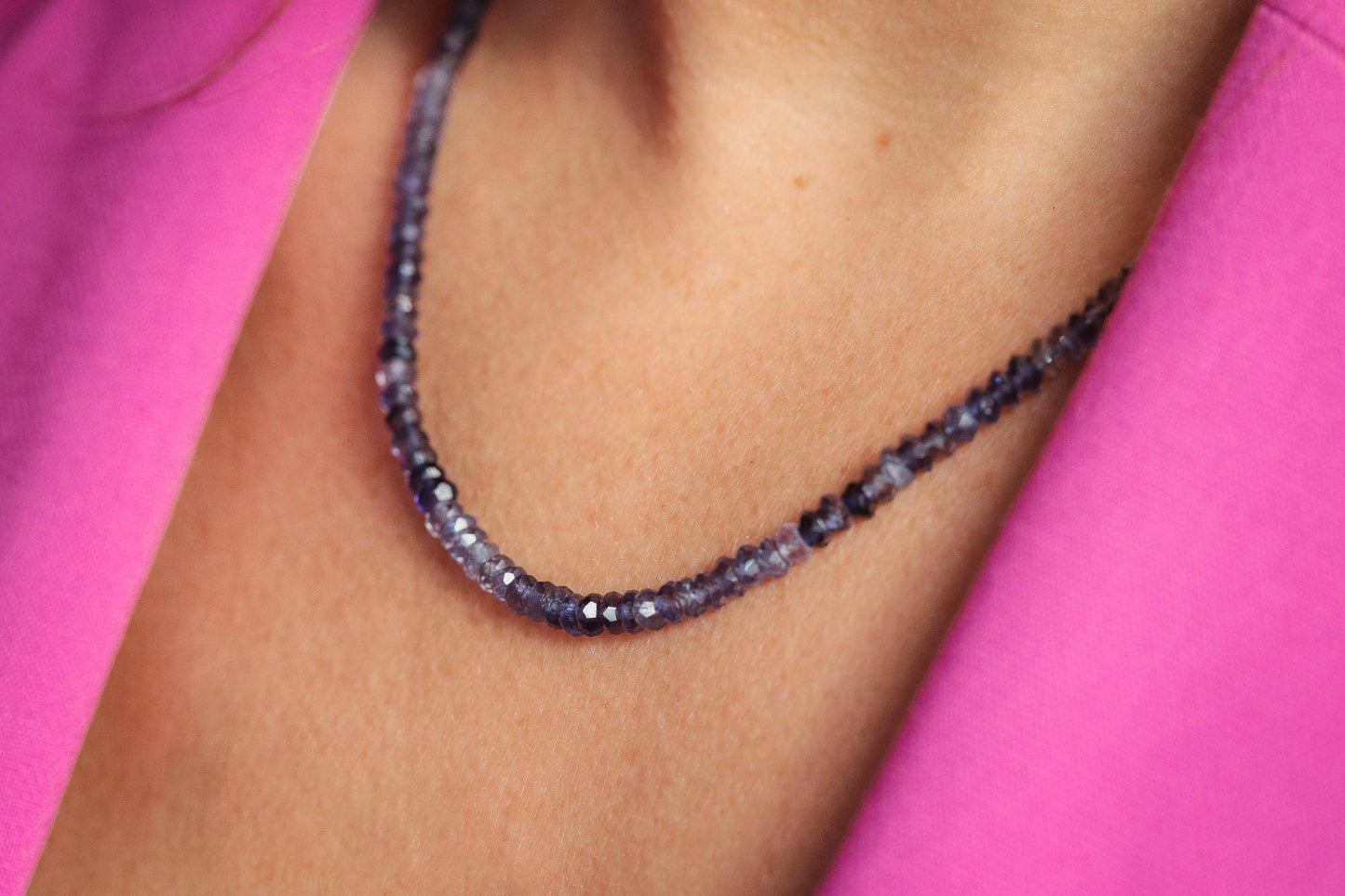 Iolite ombre necklace from Earthly Abundance Jewelry featuring a gradient violet-blue gemstone pendant on a silver chain.